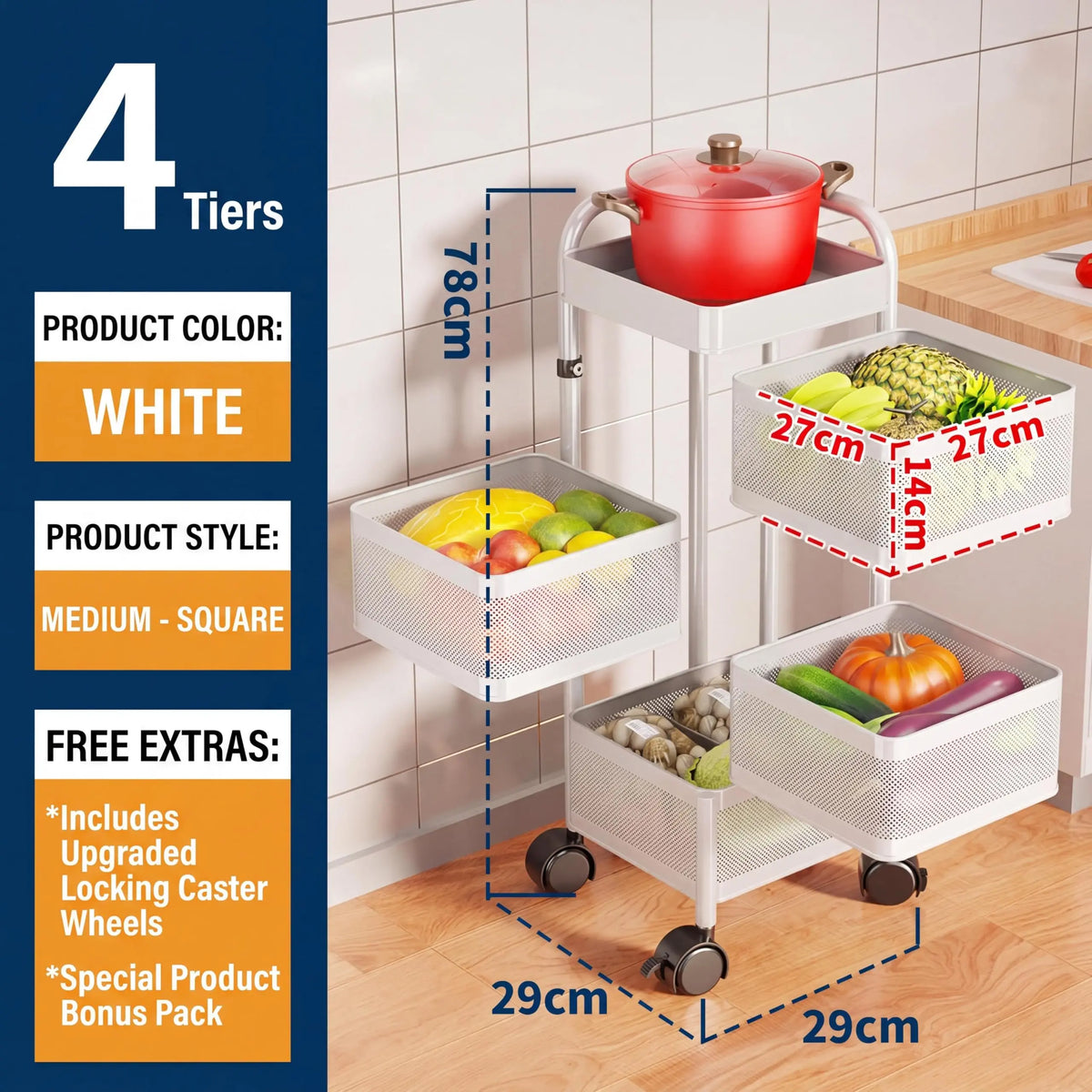 Studyset Adjustable Four Tier Rotating Kitchen Storage Cart