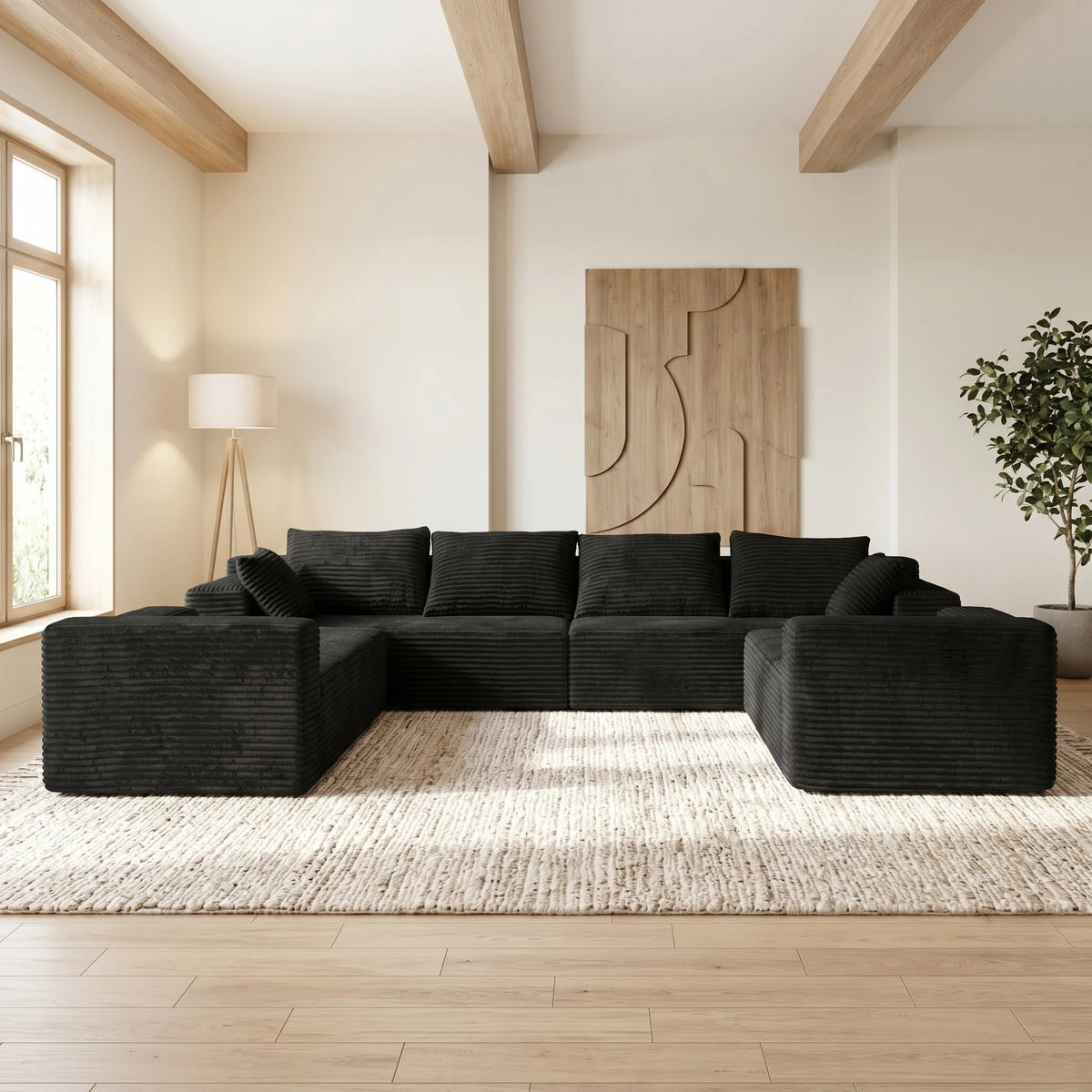 Modern U Shaped Corduroy Sectional Sofa With Deep Cloud Seating