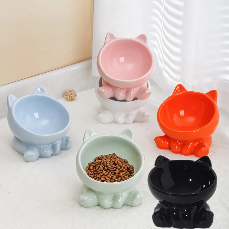 Ceramic Cat Bowl With Raised Neck Guard For Easy Eating