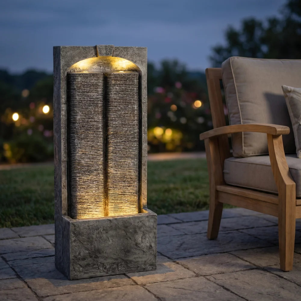Cascading Outdoor Water Fountain With LED Lighting And Quiet Pump