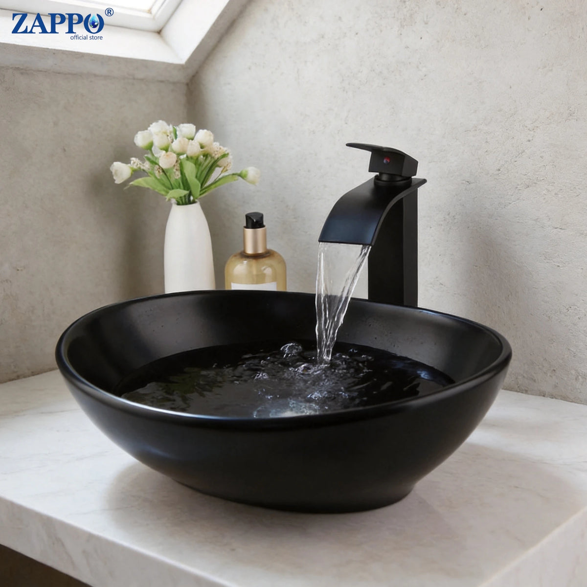 Mekkhala Ceramic Round Vessel Sink With Waterfall Faucet For Bathroom