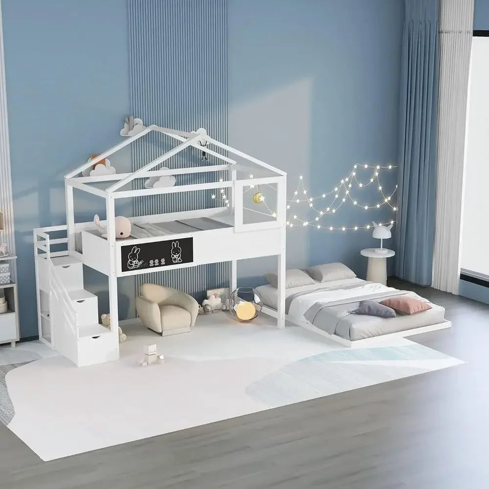 Pine Wood House Shaped Bunk Bed With Secure Safety Rails