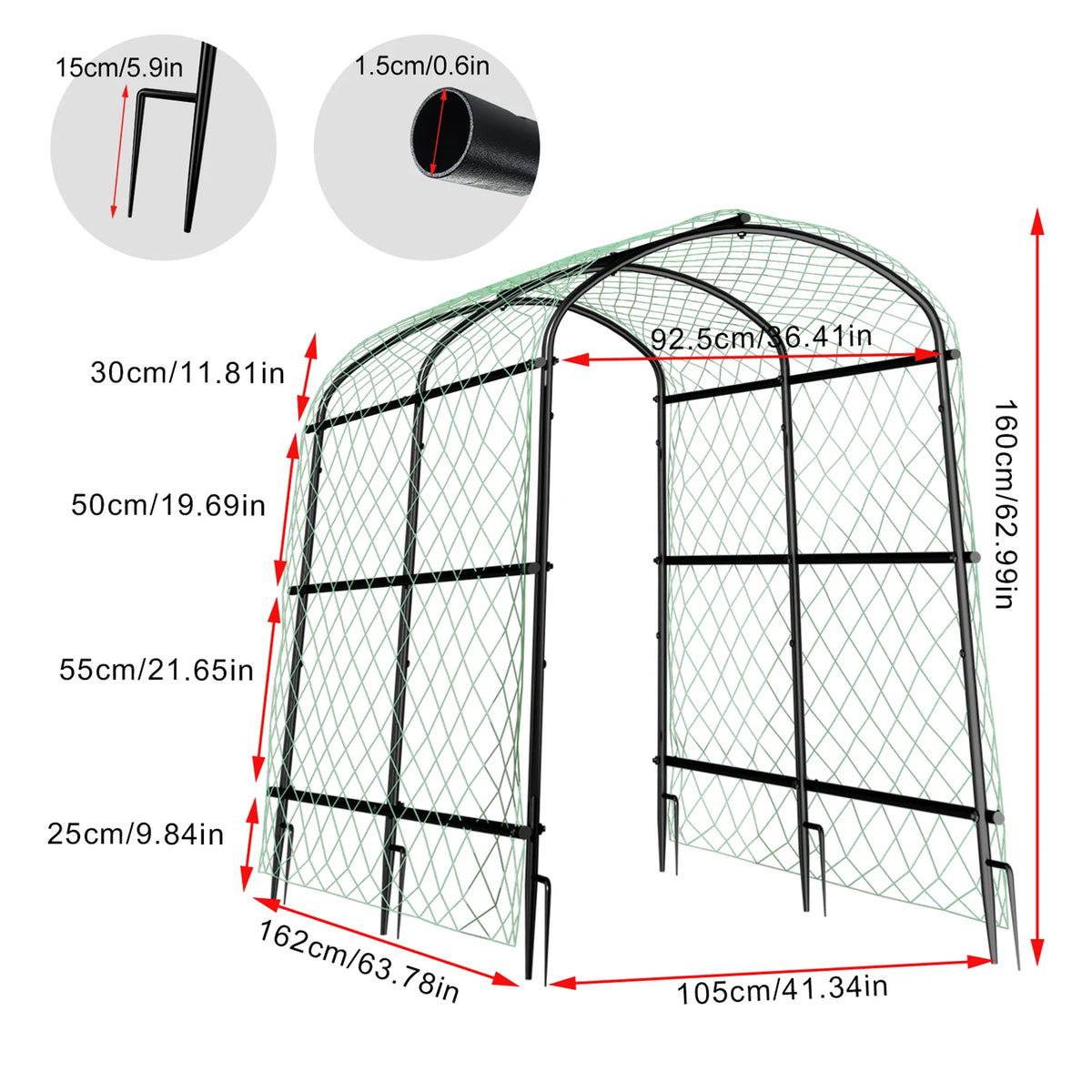 U-Shaped Metal Cucumber Trellis With Nylon Netting And Support Spikes