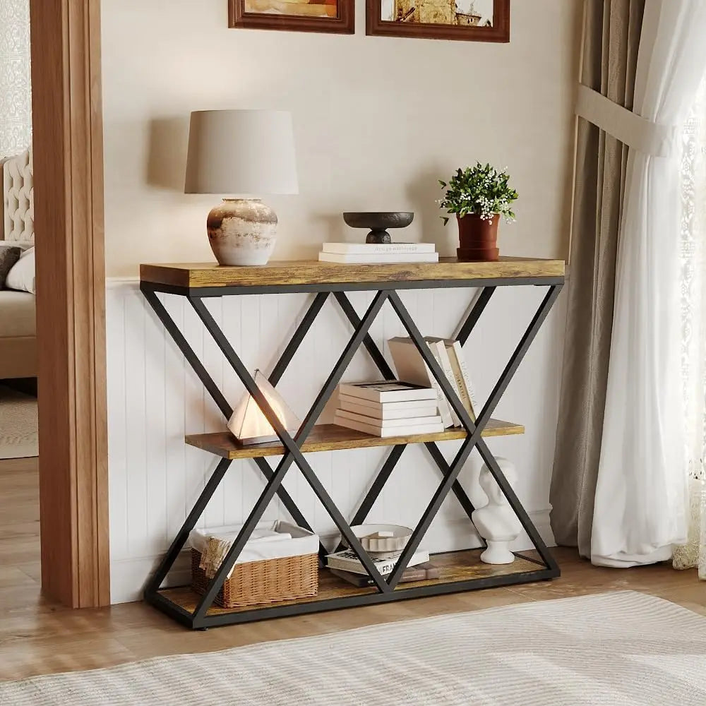 HiMISS Three Tier Farmhouse Console Table With Open Storage Shelves