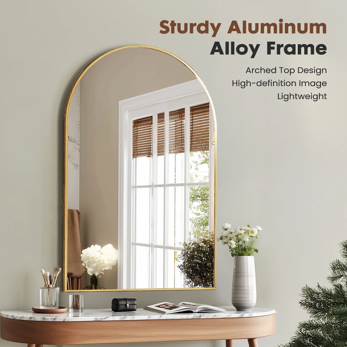 JHK Arched Metal Framed Wall Mirror For Bedroom Entryway