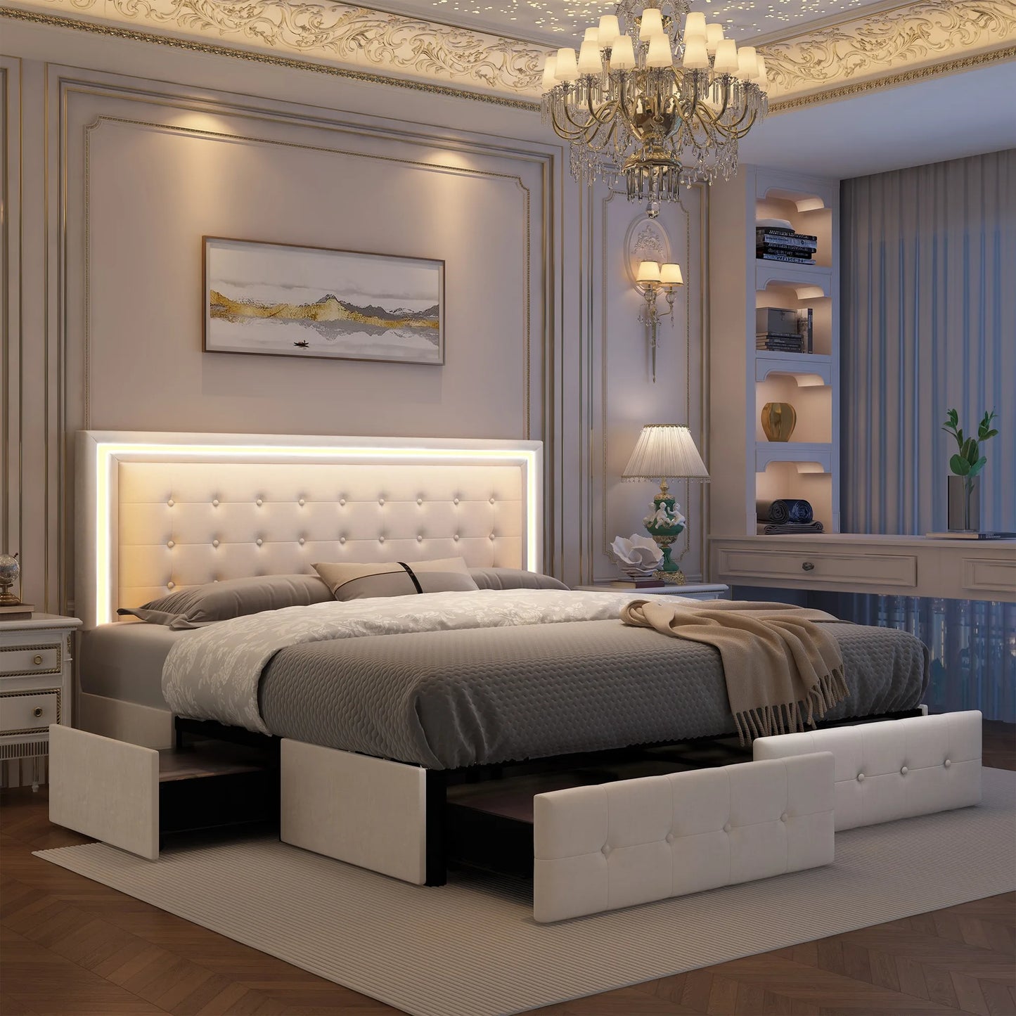 GEGOFORU Bed Frame With 4 Storage Drawers And LED Headboard