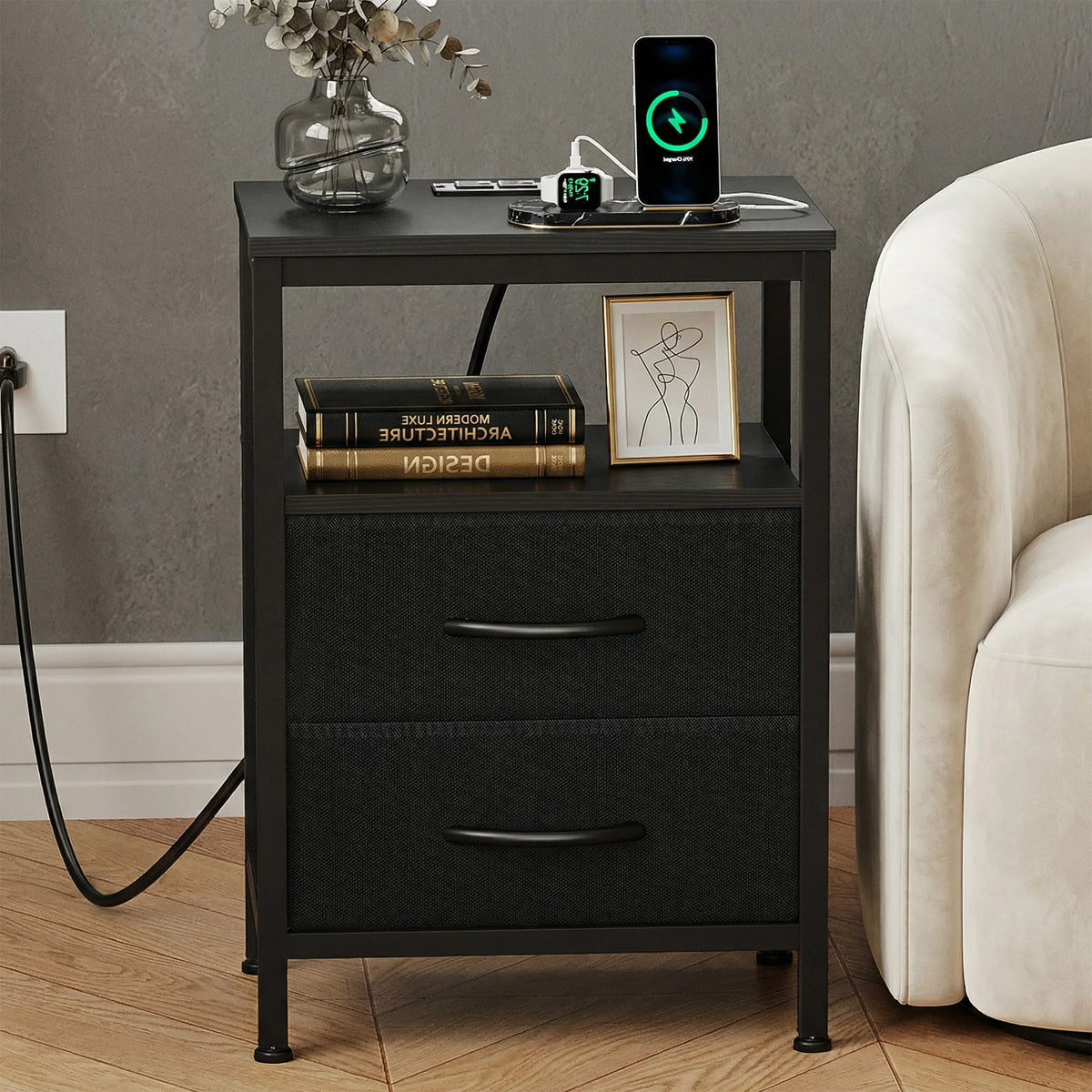 JHK Modern Nightstand With Fabric Drawers And USB Port