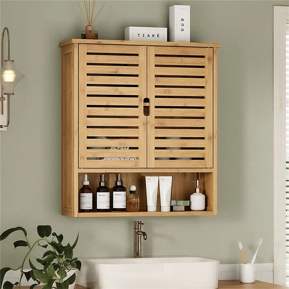 Natural Bamboo Wall Mounted Bathroom Cabinet With Adjustable Storage Shelf