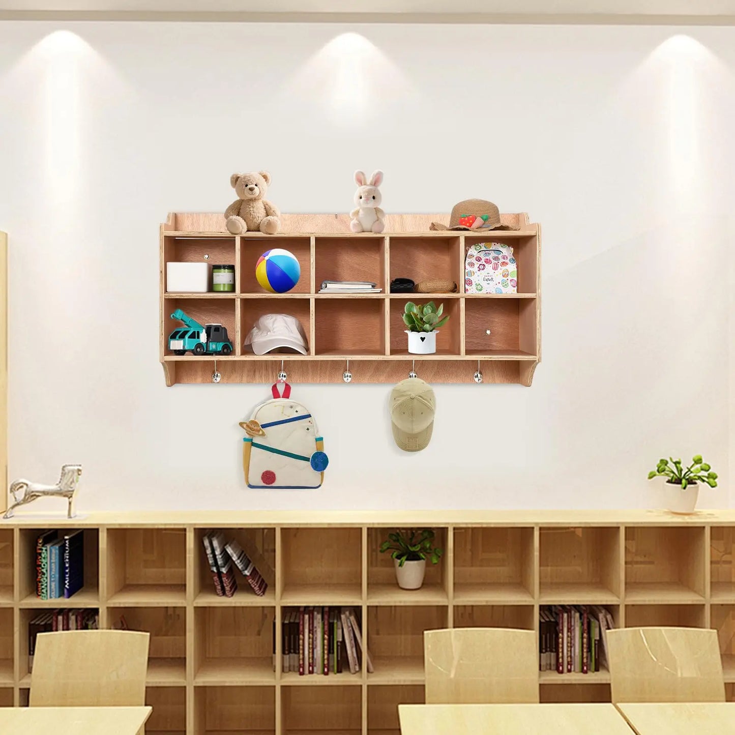 HiMISS Wall Mounted Wooden Kids Cubby Storage Organizer With Hooks
