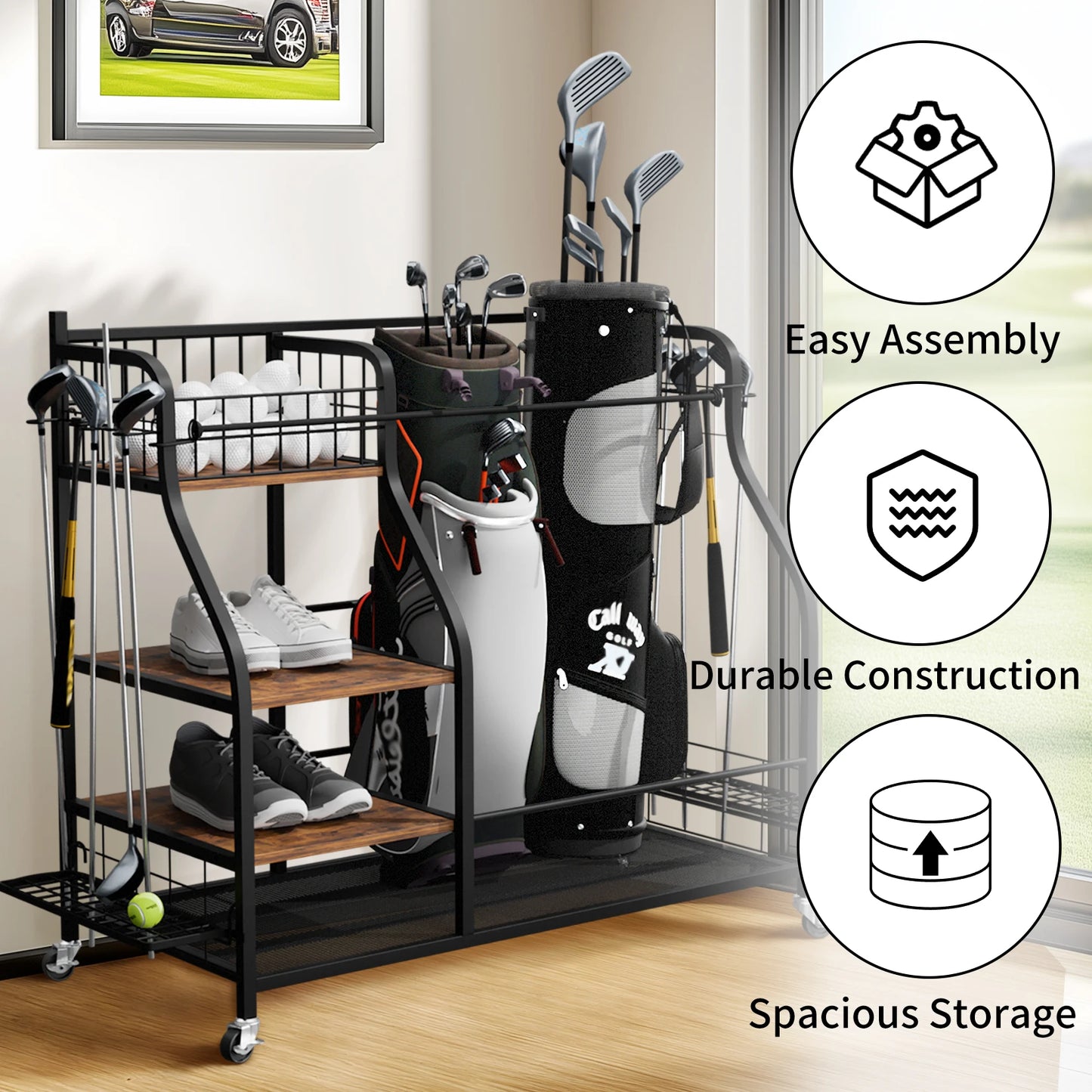 Multi Tier Rolling Golf Bag Storage Rack For Sports Equipment