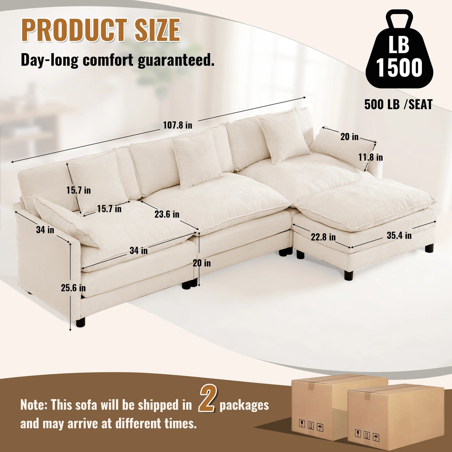 Redlife Modern L Shaped Sectional Sofa With Ottoman And Cushions