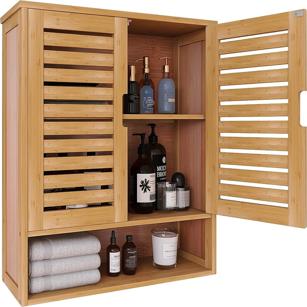 Natural Bamboo Wall Mounted Bathroom Cabinet With Adjustable Storage Shelf
