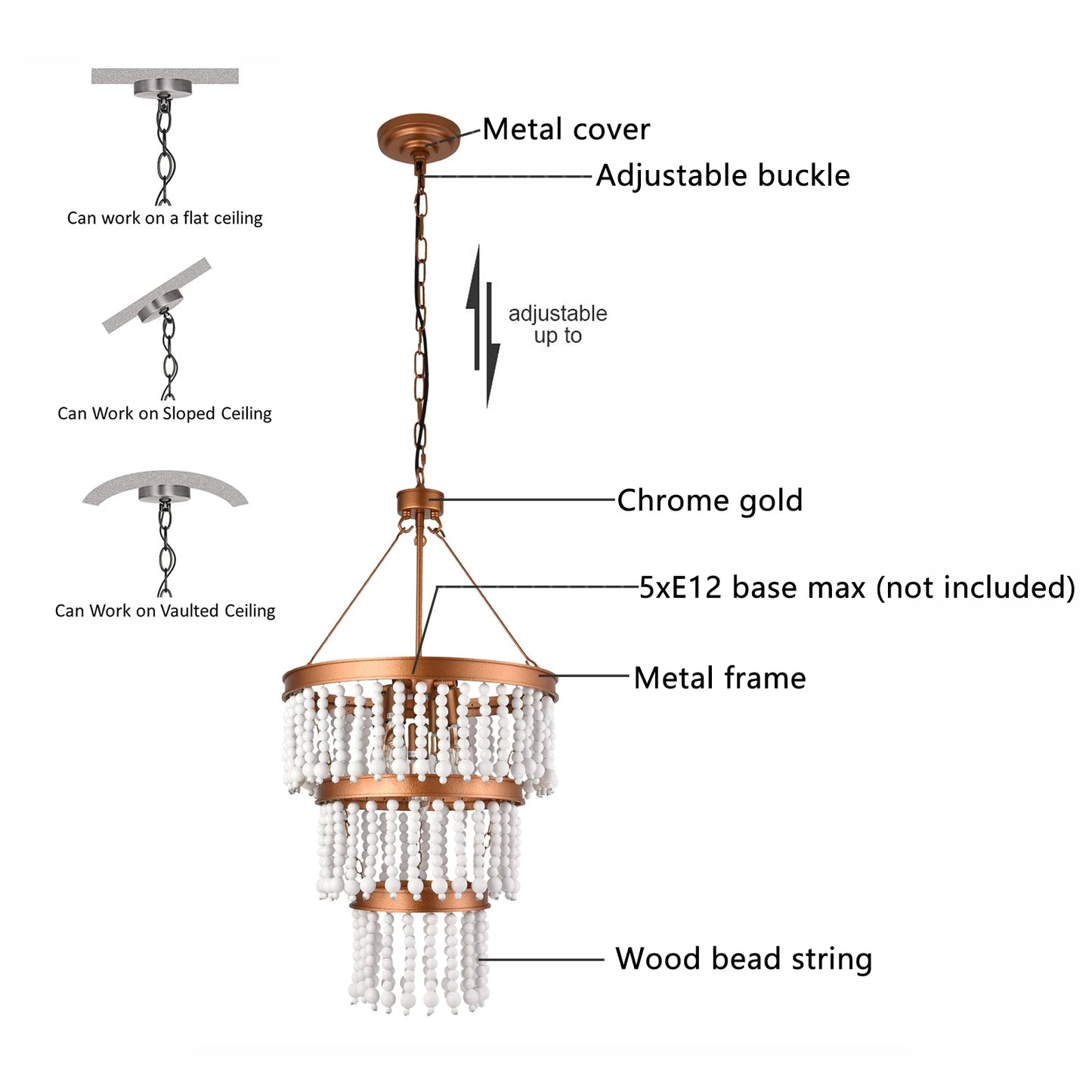 Elegant Adjustable Wood Bead Chandelier Five Light Ceiling Pendant