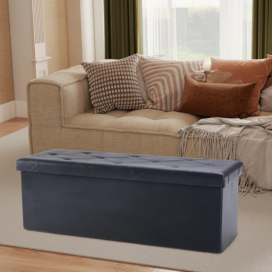 JHK Leather Storage Ottoman Bench With Folding Footrest