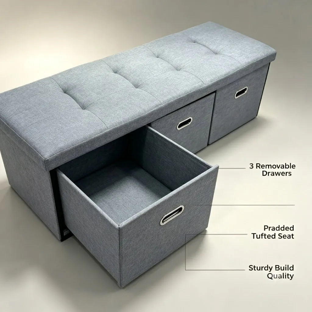 Three Drawer Foldable Linen Storage Ottoman Bench With Tufted Seat