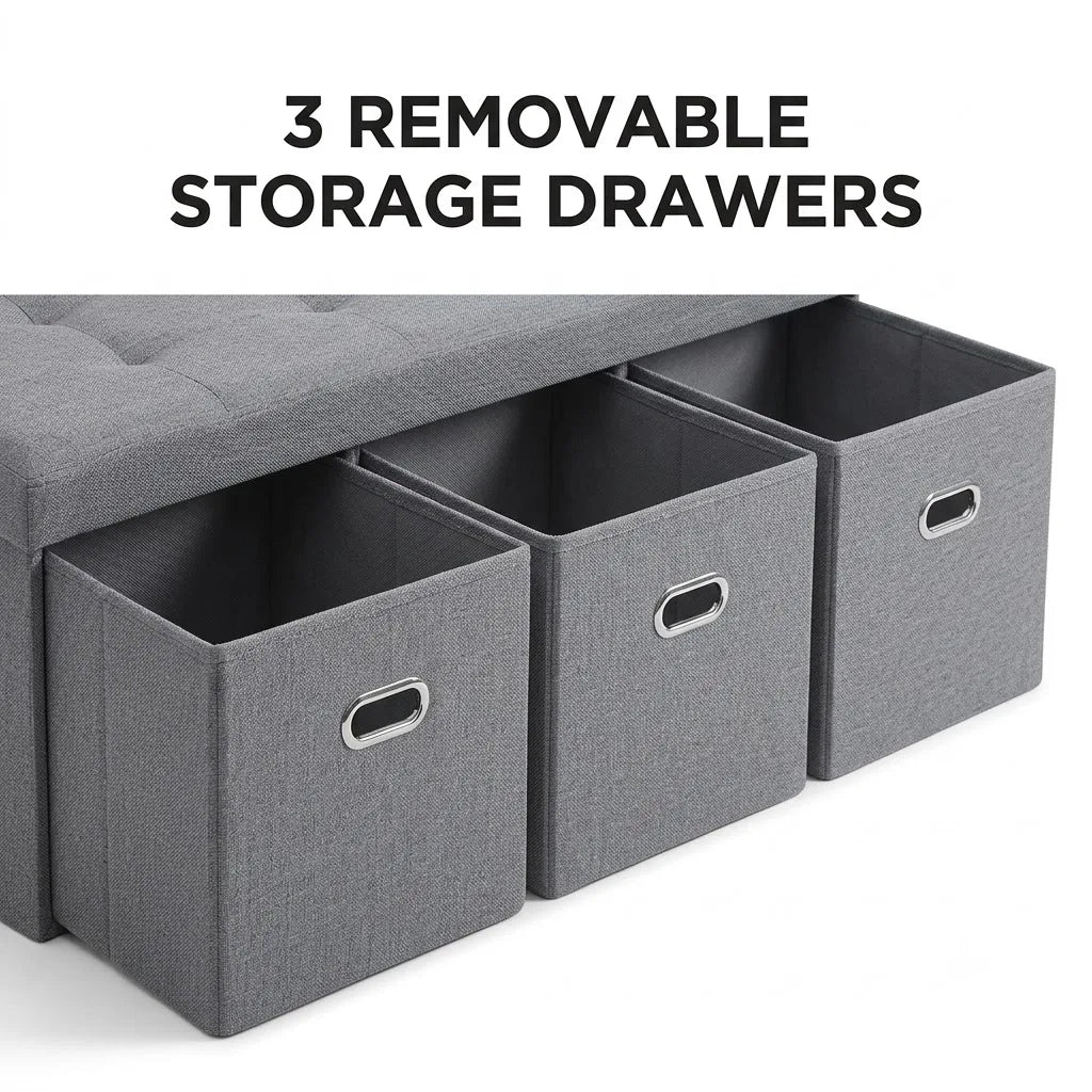 Three Drawer Foldable Linen Storage Ottoman Bench With Tufted Seat
