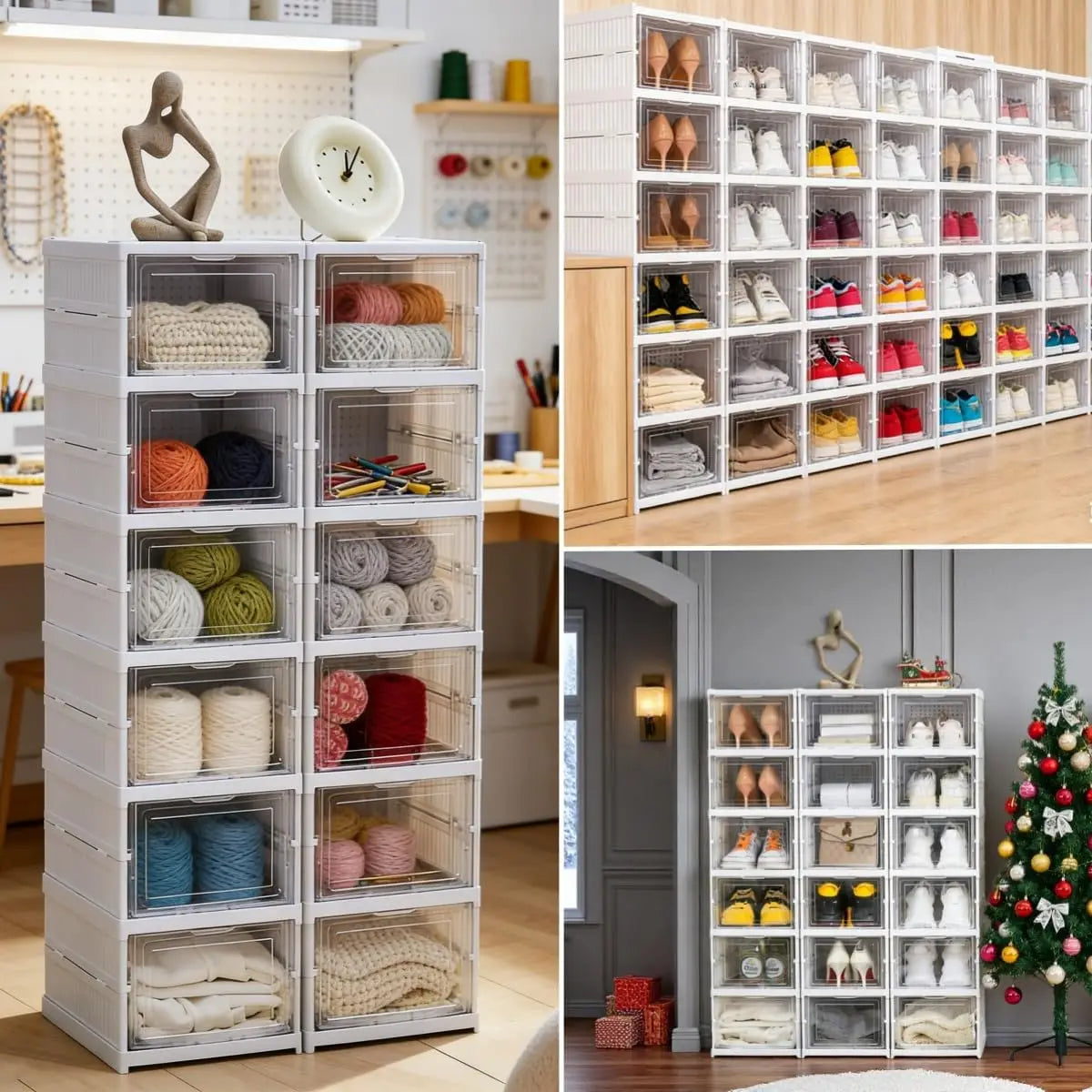 Foldable Transparent Shoe Box With Stackable Plastic Closet Organizer