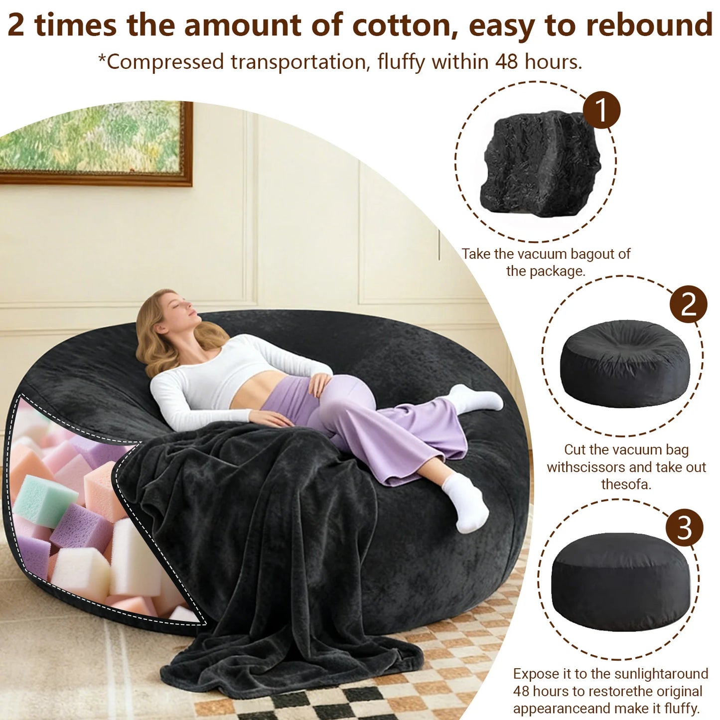 Memory Foam Beanbag Chair With Washable Flannel Cover For Bedrooms