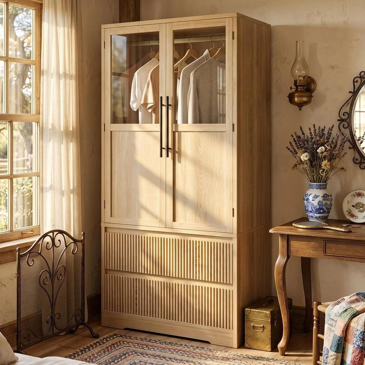HiMISS Farmhouse Wardrobe Cabinet With Glass Door And Storage