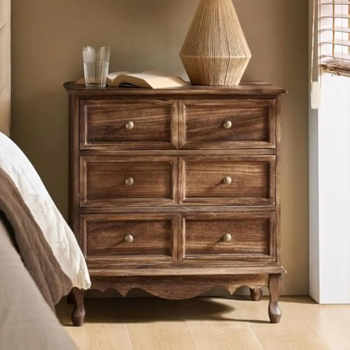 Solid Wood Nightstand With USB Hub Three Drawers Rustic Farmhouse