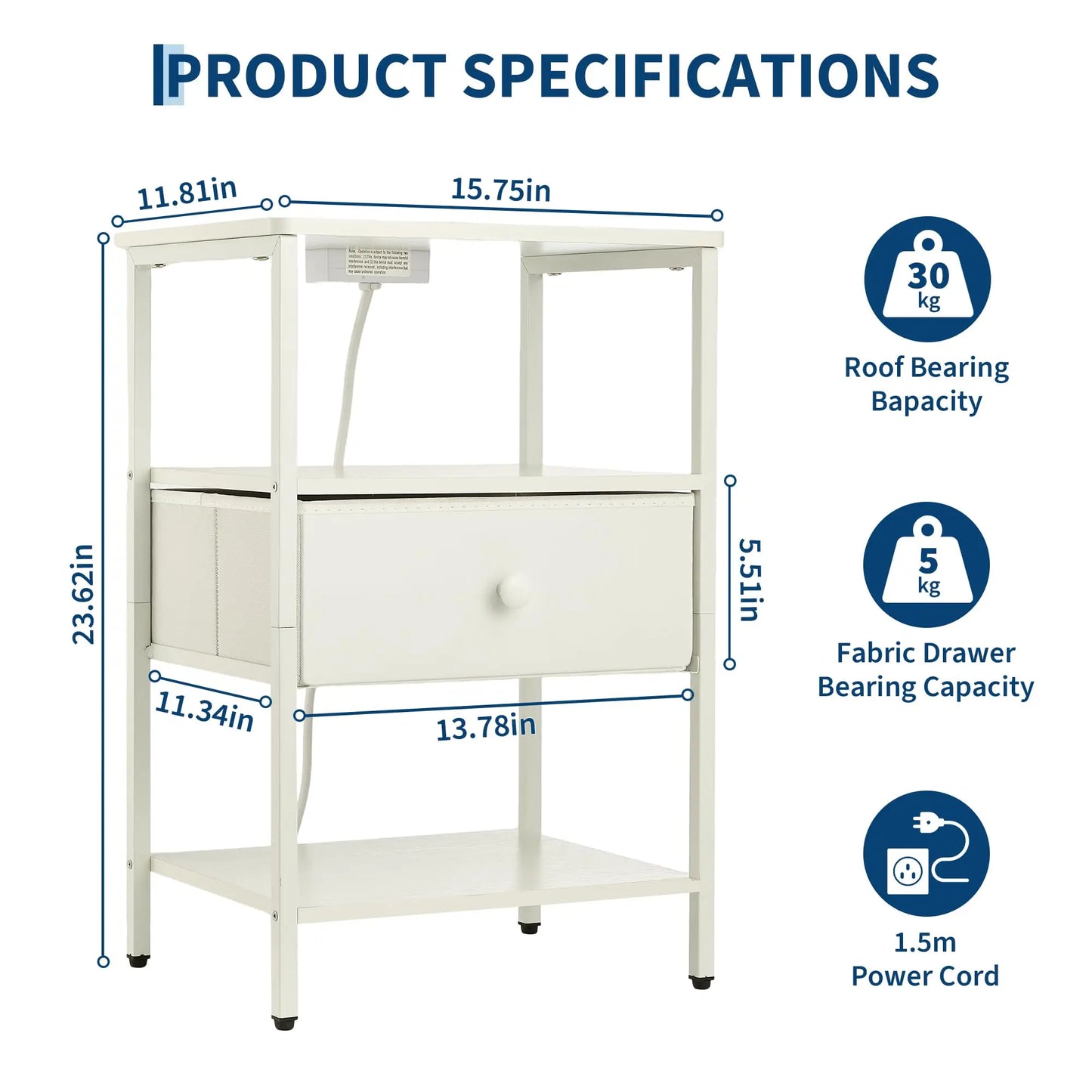 HiMISS Modern Nightstand With Charging Station And Fabric Drawer