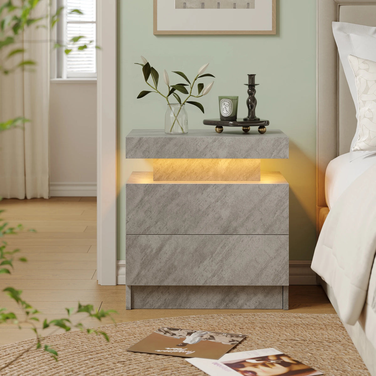 Cubehom Wooden Nightstand With Two Drawers And RGB Lighting Design