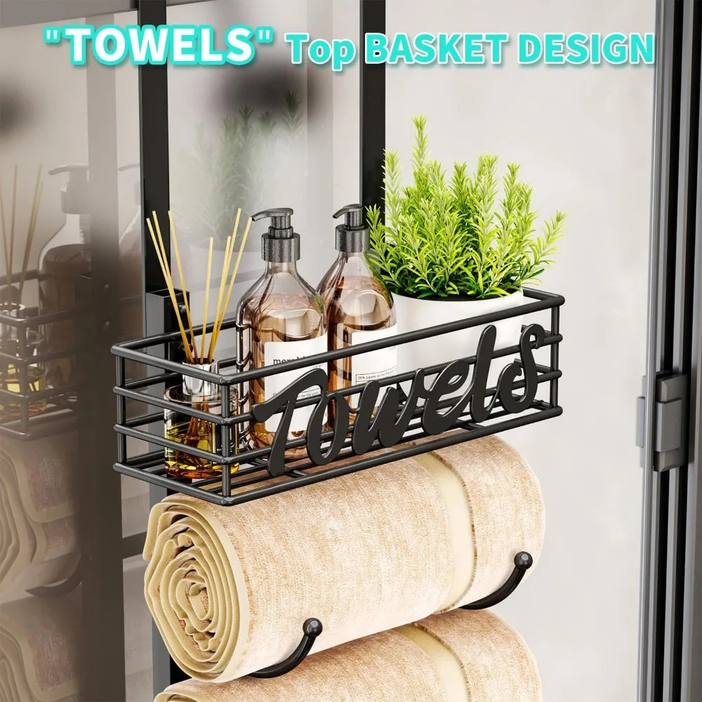 NBVCX Over Door Towel Rack With Metal Storage Basket