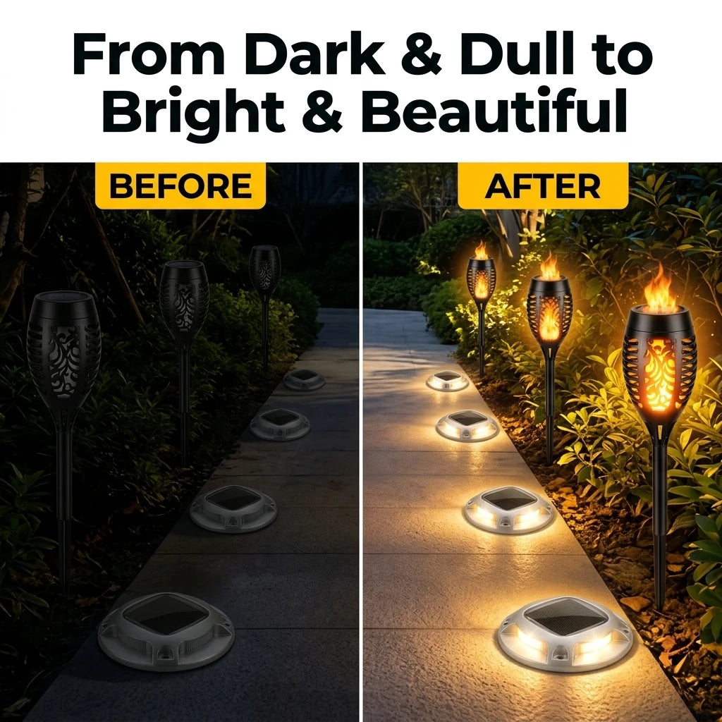Solar Outdoor Garden Path Lights Featuring Flickering Flame Torch