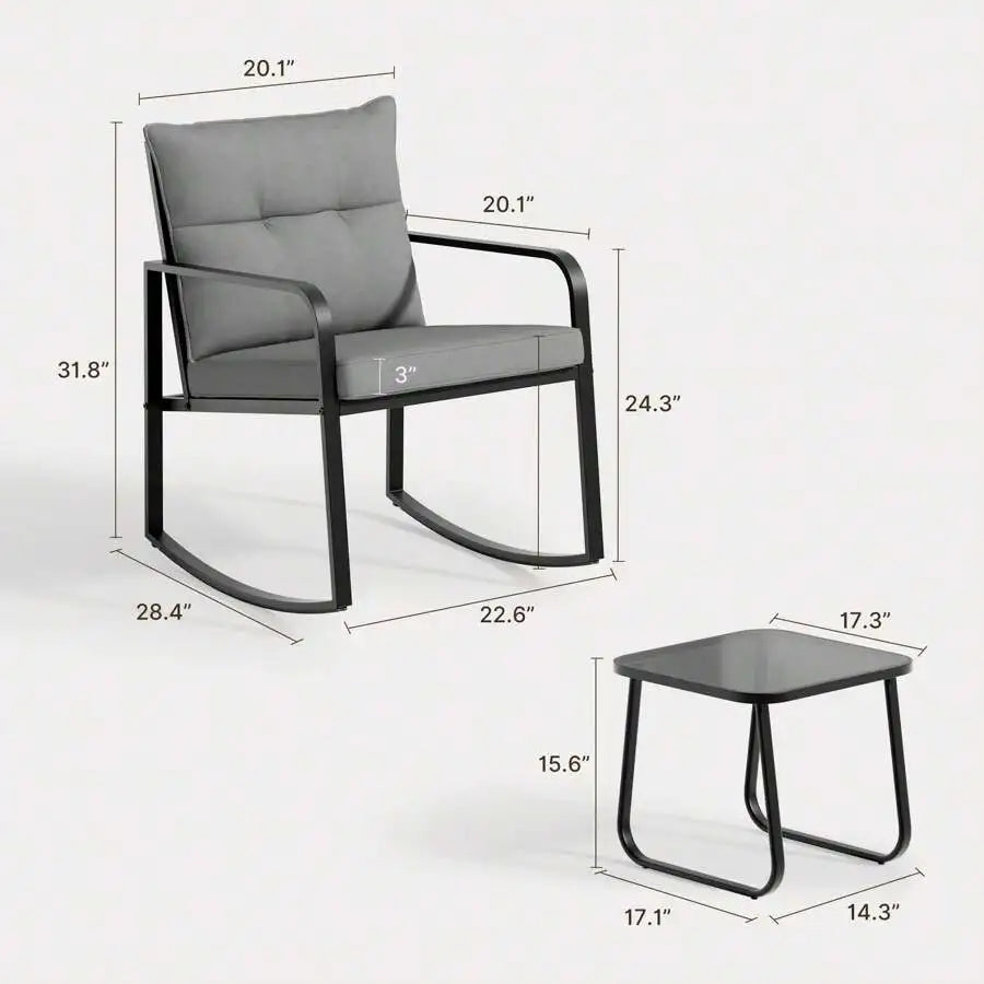 Three Piece Outdoor Rocking Bistro Set With Glass Coffee Table