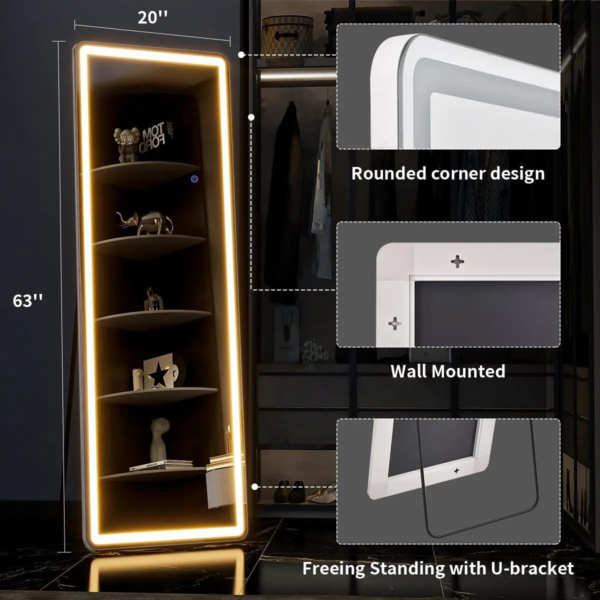 Koonmi Full Length LED Floor Mirror With Dimmable Lighted Stand