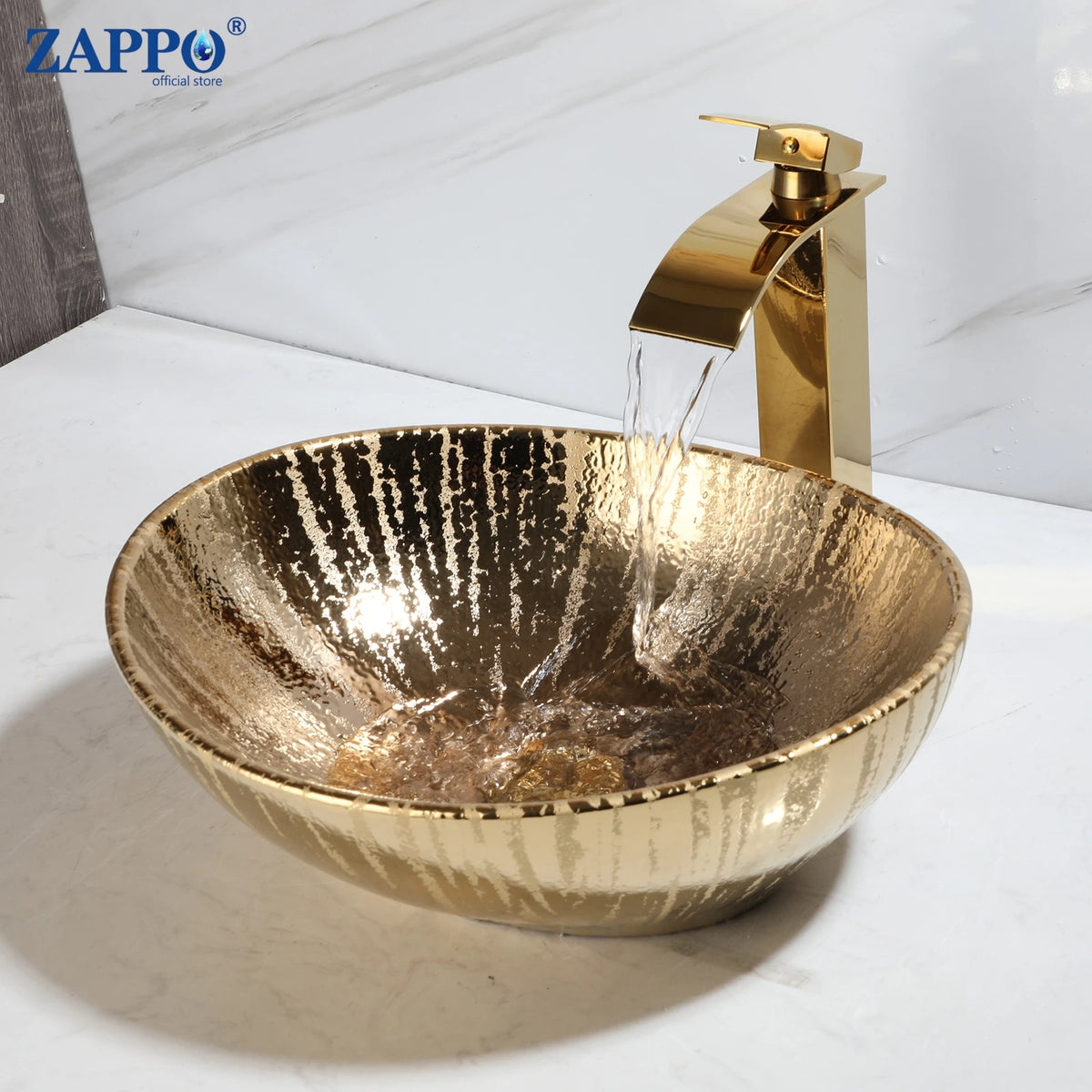 MEKKHALA Round Ceramic Vessel Sink Set Antique Brass Waterfall Faucet