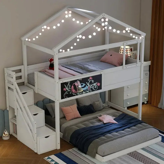 Pine Wood House Shaped Bunk Bed With Secure Safety Rails