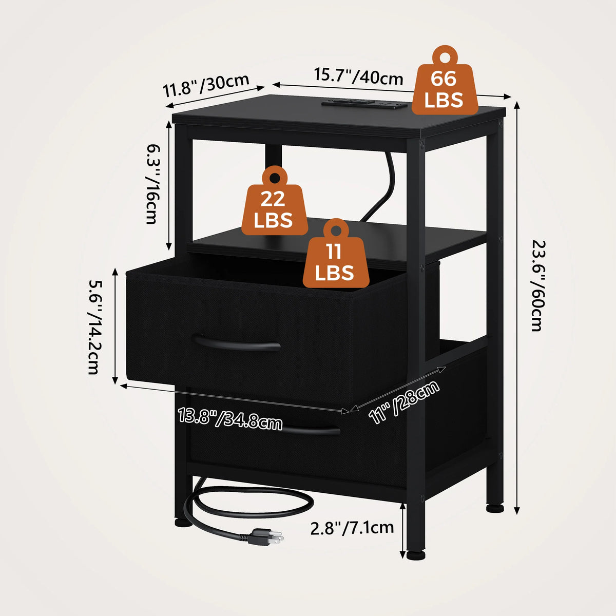 JHK Modern Nightstand With Fabric Drawers And USB Port