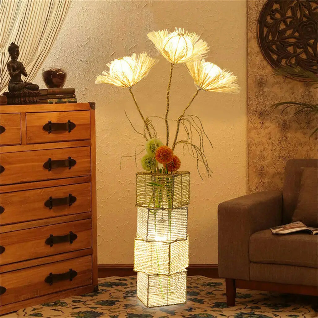 Modern Rattan Standing Floor Lamp With Dimmable Led Indoor Lighting