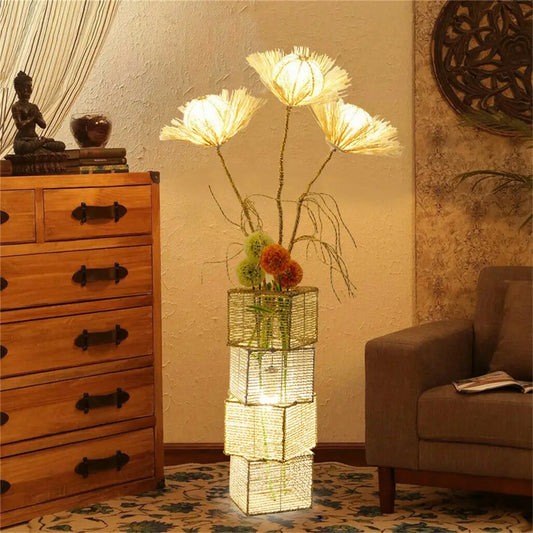 Modern Rattan Standing Floor Lamp With Dimmable Led Indoor Lighting