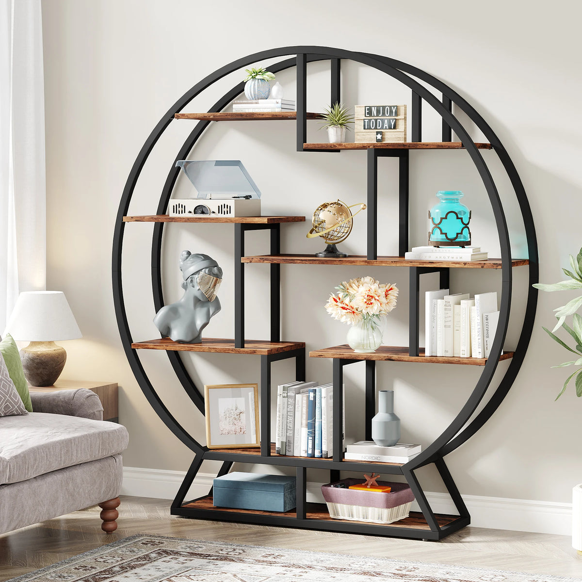 Tribesigns Industrial Round Bookshelf With Staggered Shelves And Metal Frame