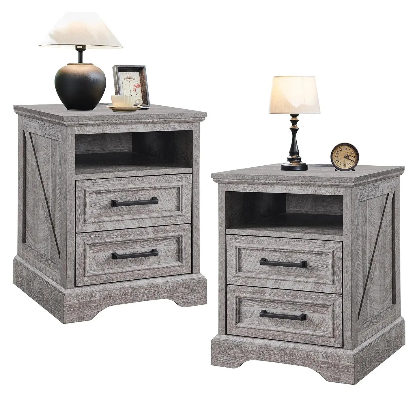 Farmhouse Nightstands Set of 2 With Drawers and Charging Station