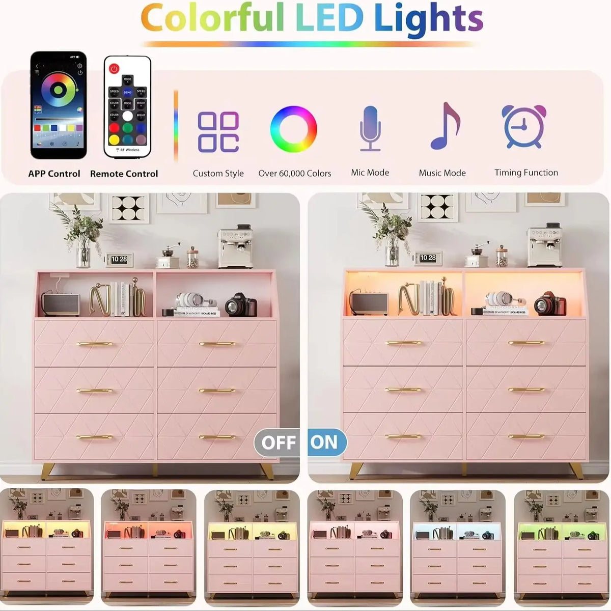 Modern Six Drawer Dresser With LED Lights And Charging Station