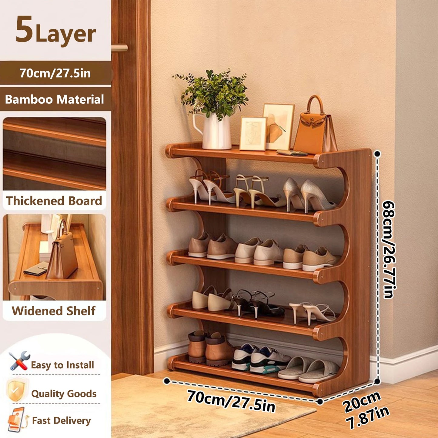 Wooden Shoe Rack With Space Saving Multi Layer Storage Design