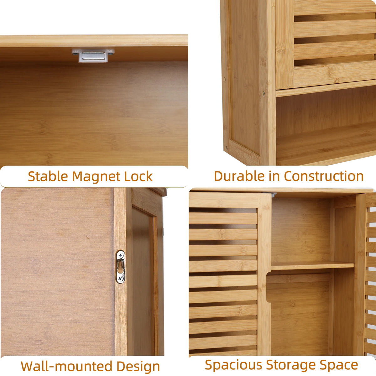 Natural Bamboo Wall Mounted Bathroom Cabinet With Adjustable Storage Shelf