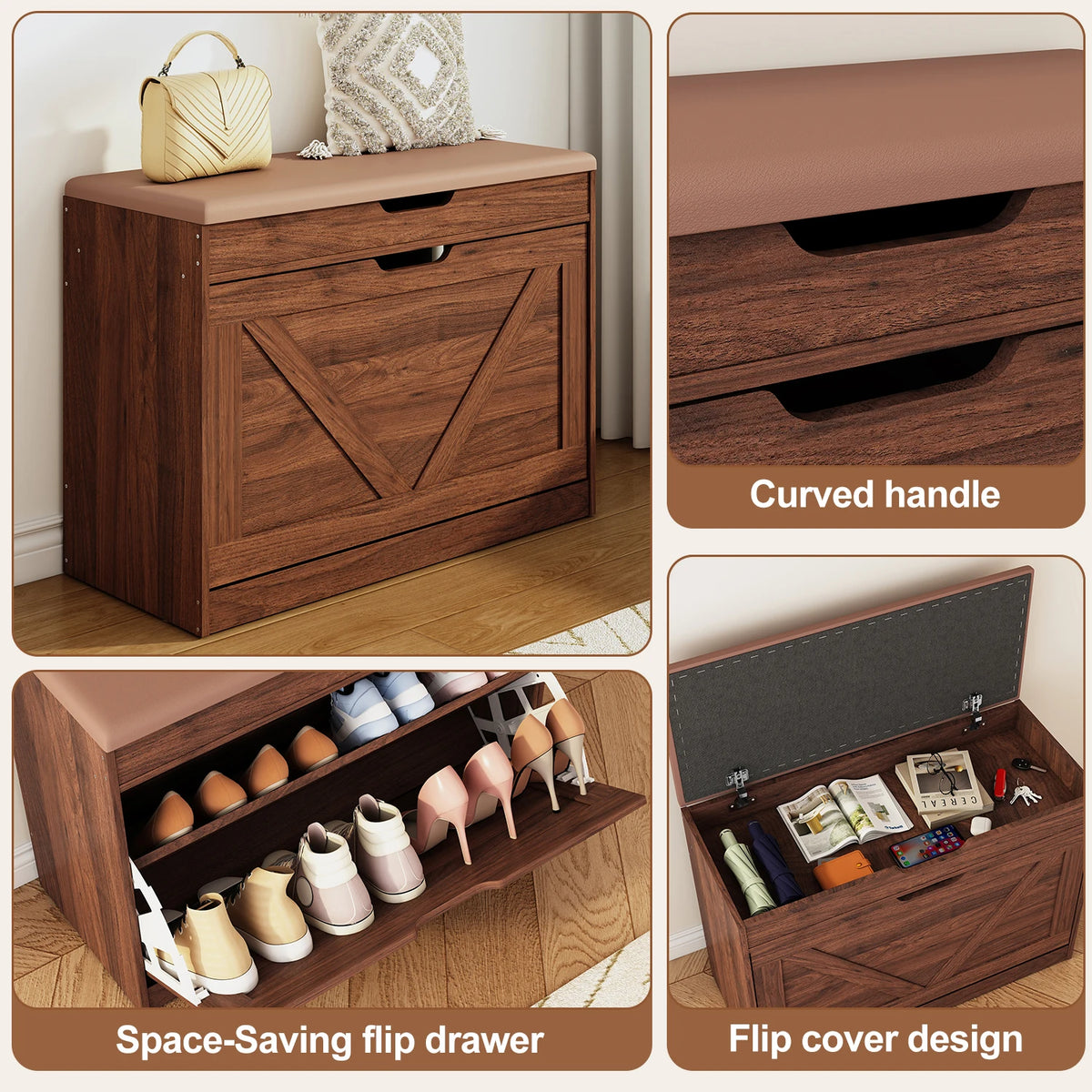 Huisenitre Storage Bench With Flip Drawers Adjustable Shelf