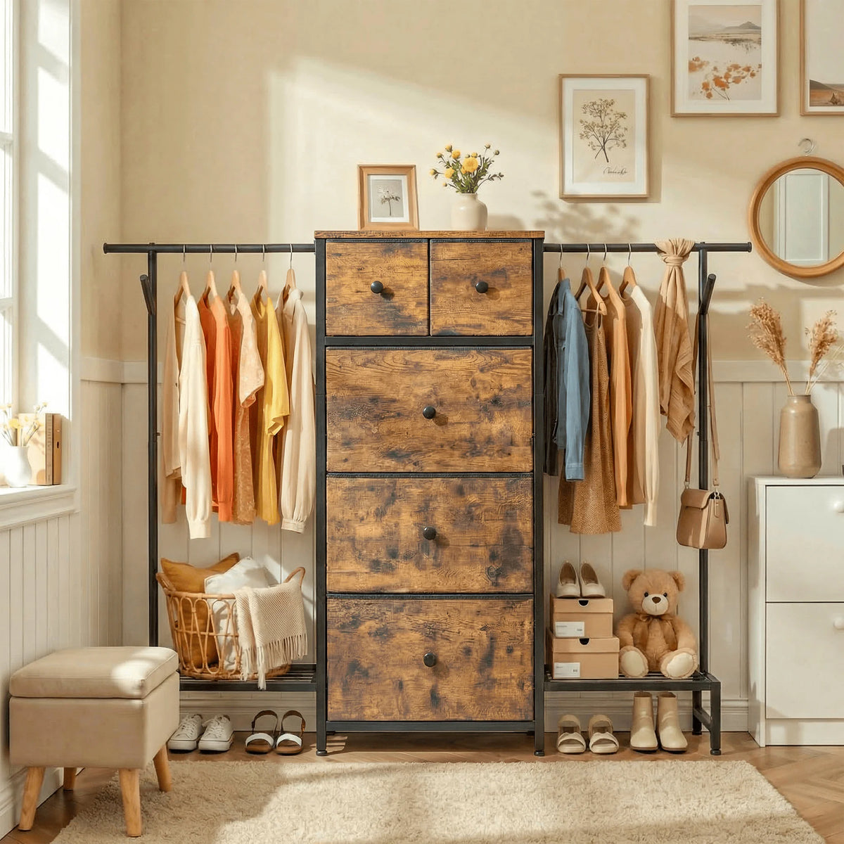 EnHomee Three In One Dresser Hanging Rack With Shoe Storage
