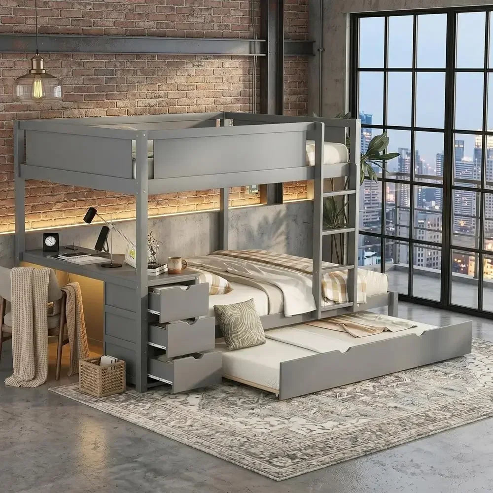 Wood Bunk Bed With Trundle, USB Ports, Storage And Desk