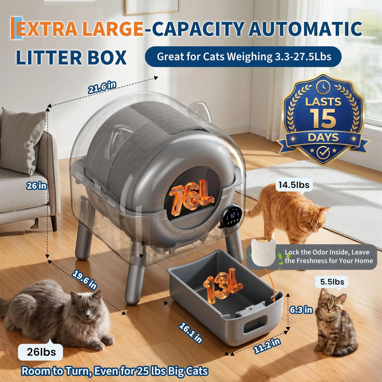 HiMISS Automatic Self Cleaning Cat Litter Box Smart App Control