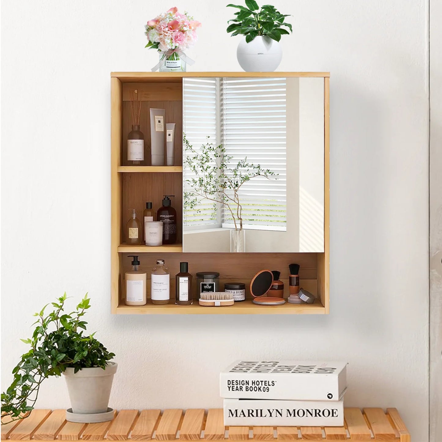 Modern Bamboo Wall Mounted Vanity Cabinet With Adjustable Shelf And Mirror