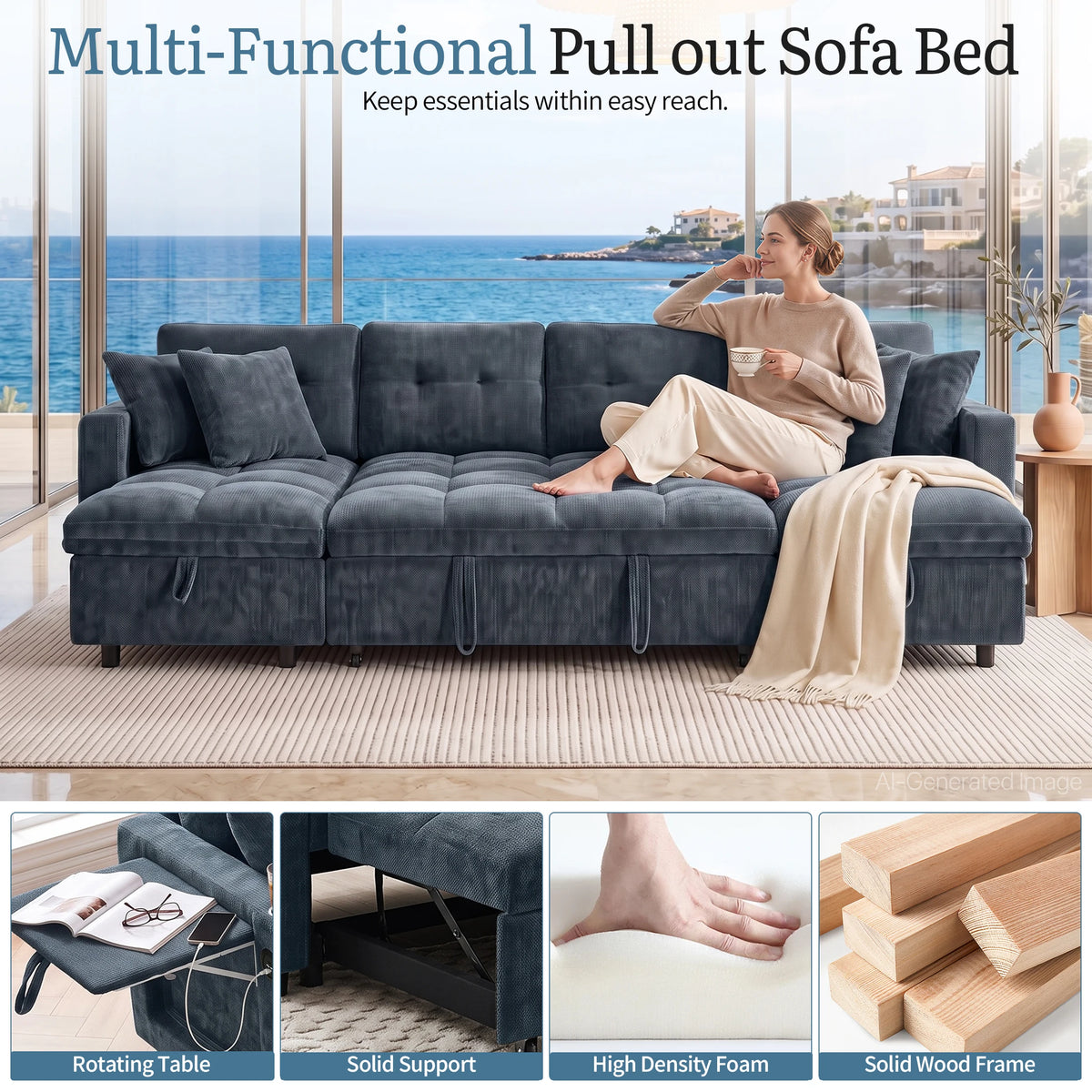 Convertible U Shaped Sleeper Sofa With Storage And Charging Station