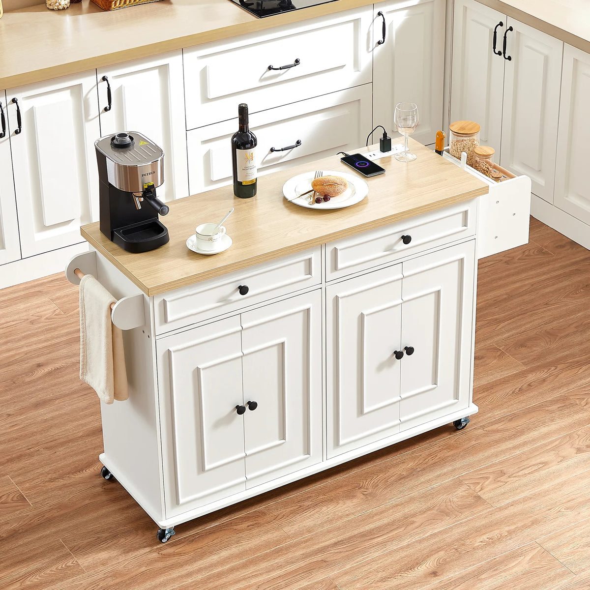 Rolling Wooden Kitchen Island Cart Featuring Drop Leaf Design