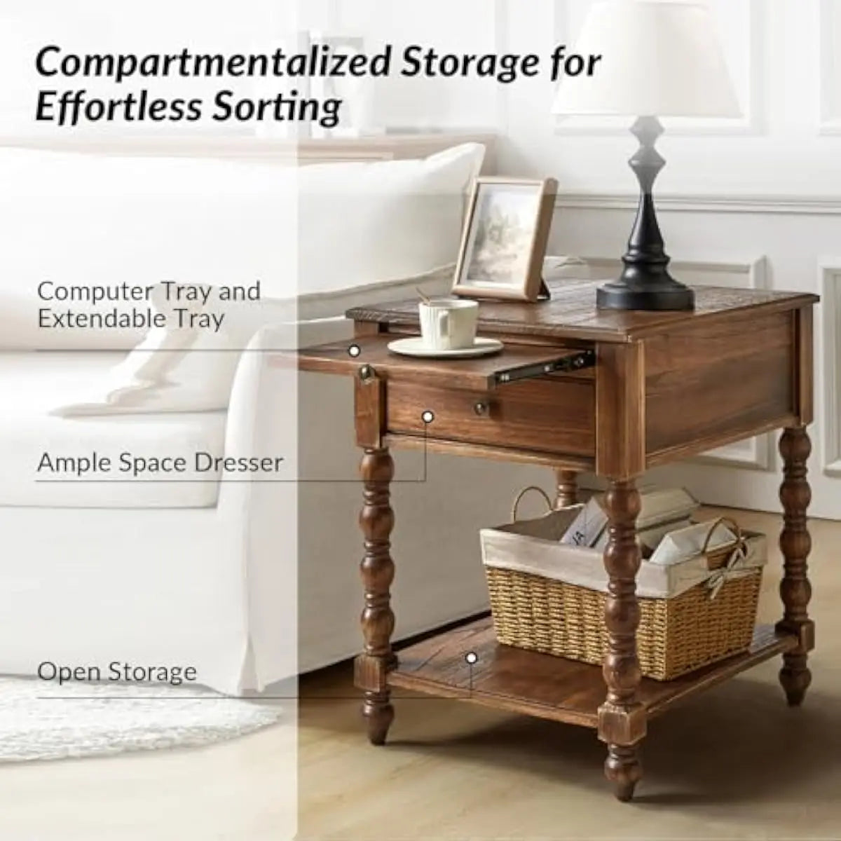 Modern Spindle End Table Set With Power Outlet And Drawer