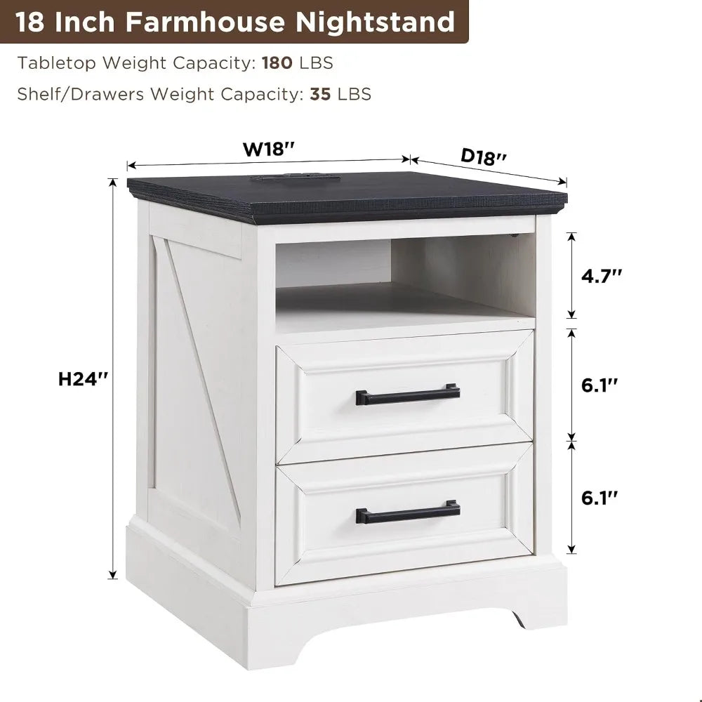 Farmhouse Nightstands Set of 2 With Drawers and Charging Station