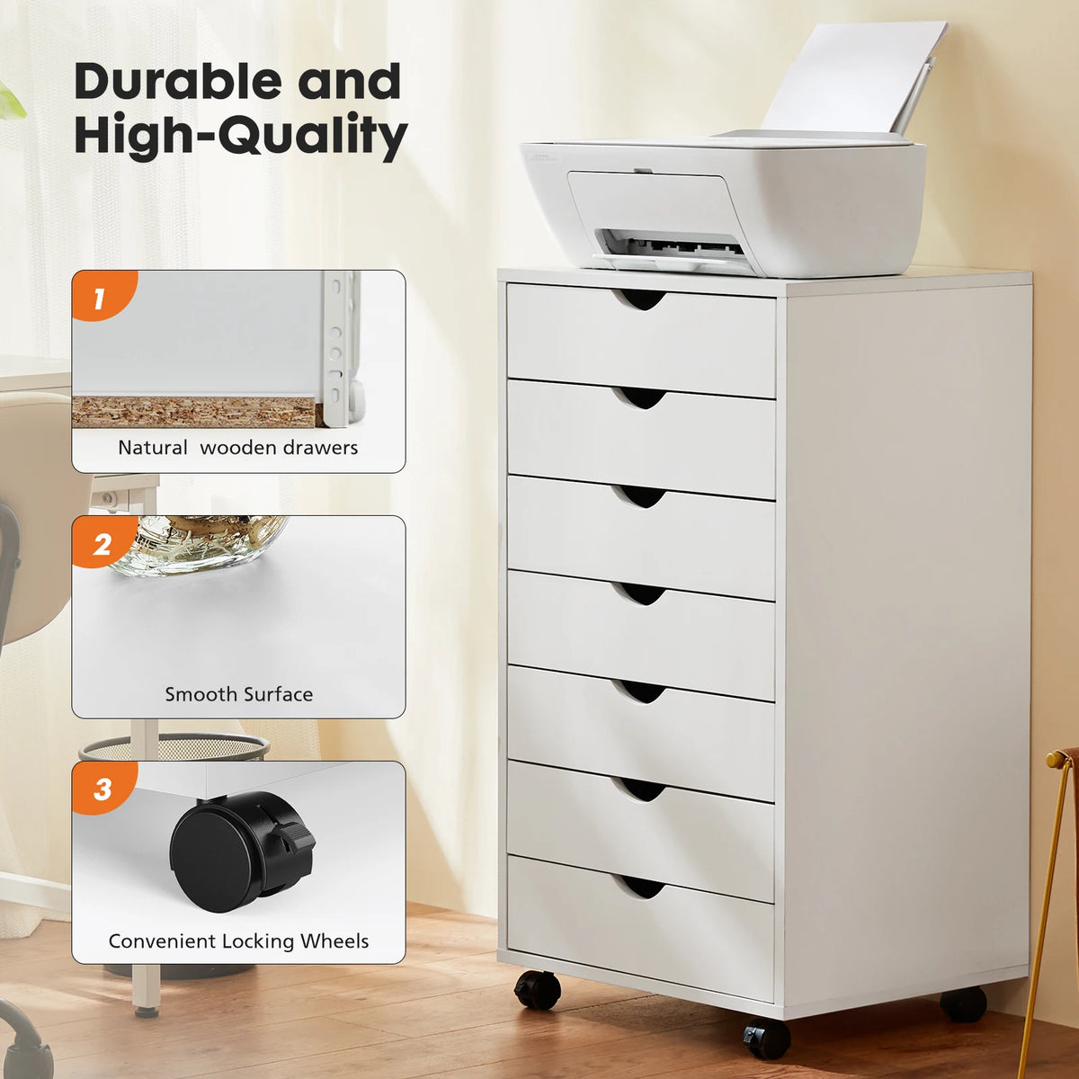 JHK Wooden Drawer Storage Cabinet With Rolling Wheels For Bedroom